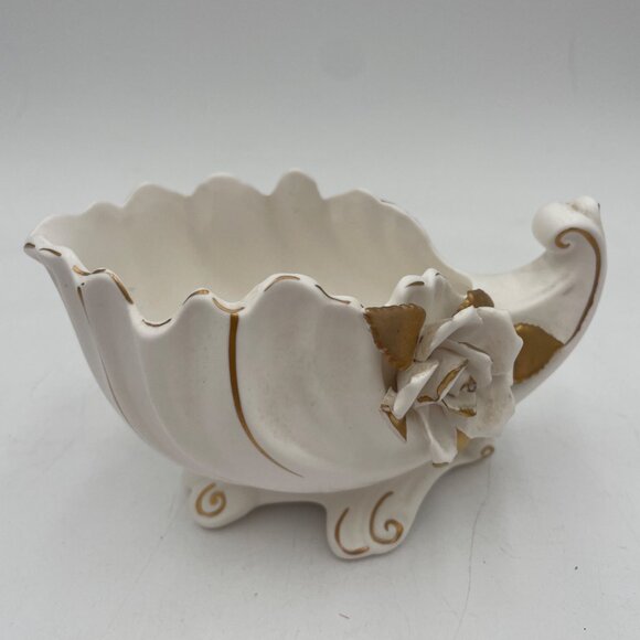 Vintage White Ceramic Bowl Vase W/ Gold Trim Rose Detailing READ - Picture 4 of 11